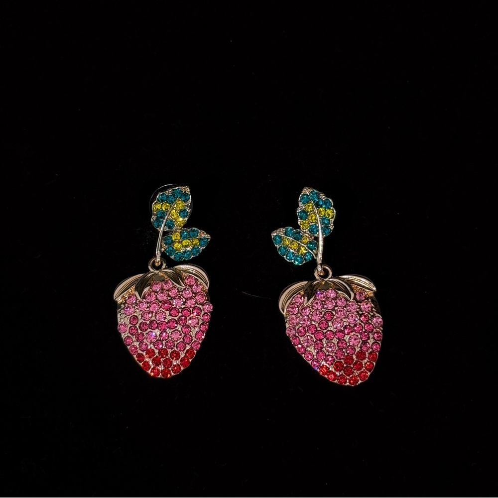 Betsey Johnson Pink Strawberry Earrings with Green Leaves